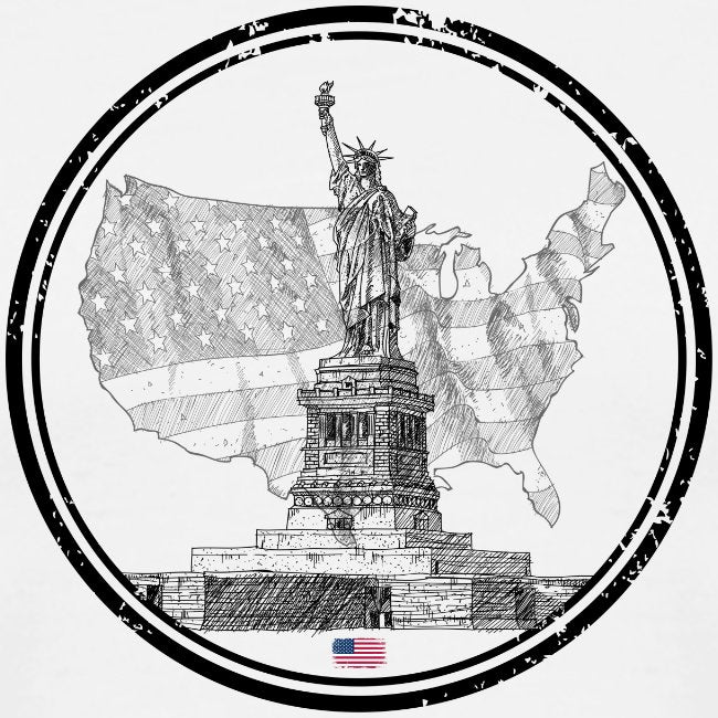 Black and white illustration of the Statue of Liberty with an American flag and map of the United States.