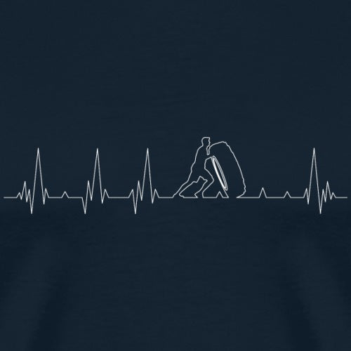 Navy blue t-shirt with a white line art design of a person on a mountain and a heartbeat line.