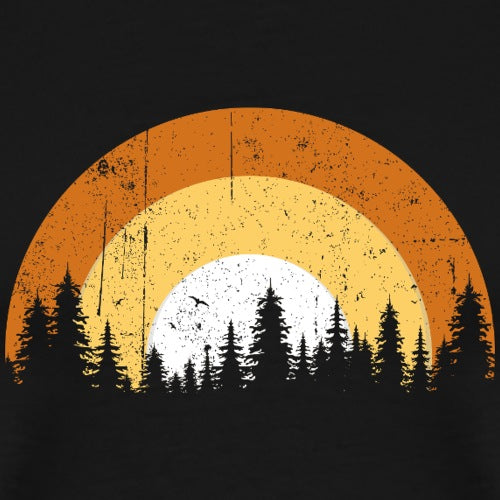 Sunset over forest horizon with golden light and warmth.