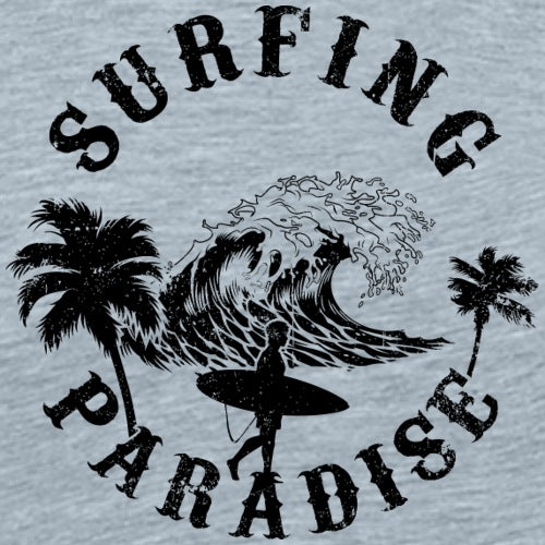 Vintage-style 'Surfing Paradise' graphic with a surfer, wave, and palm trees on a light blue background.