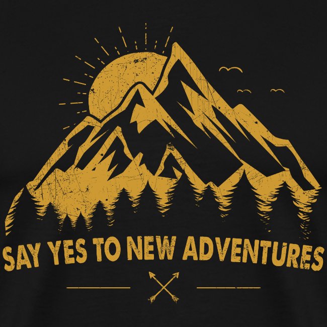 Black t-shirt with gold mountain graphic and 'Say Yes to New Adventures' text
