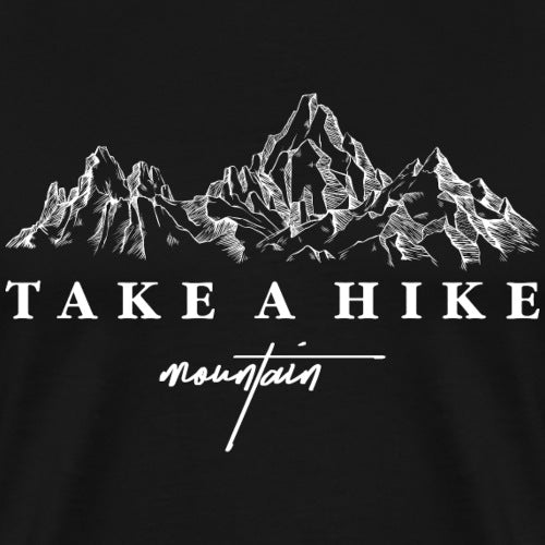 Black t-shirt with white mountain design and 'Take a Hike' text on a black background