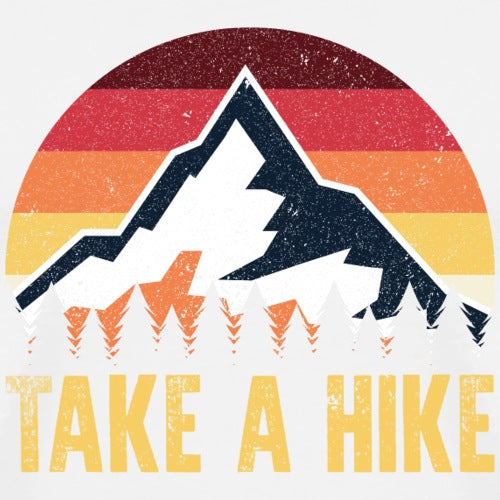 Vintage-style graphic with mountain silhouette, sunset, and 'Take a Hike' text on a white background.