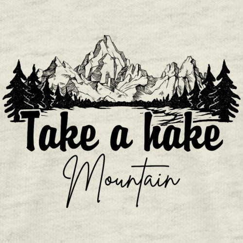 Mountain landscape with 'Take a hike Mountain' text on a textured background