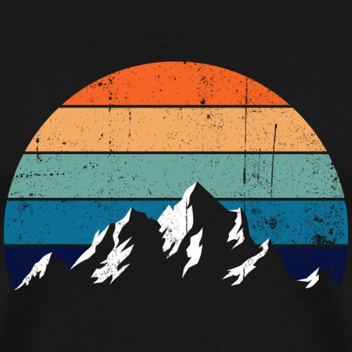Vintage-style graphic with a sunset and mountains on a black background