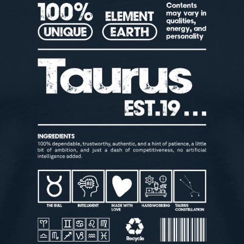 Taurus-themed product label with zodiac symbols and text on a dark background
