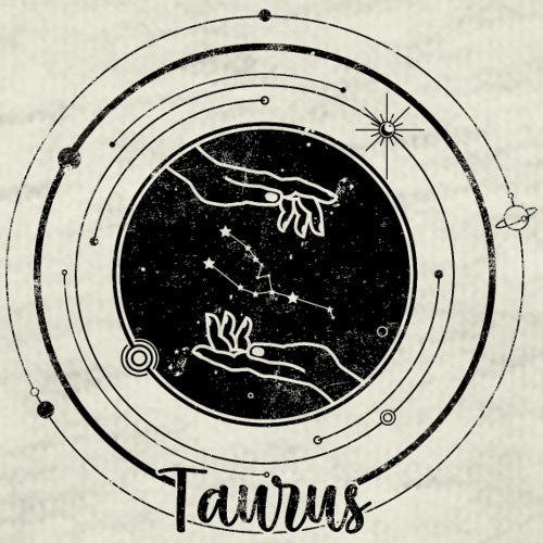 Taurus zodiac sign illustration with hands holding constellation on a beige background