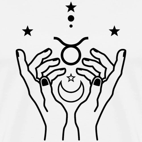 Black line drawing of hands holding a celestial symbol with stars on a white background.