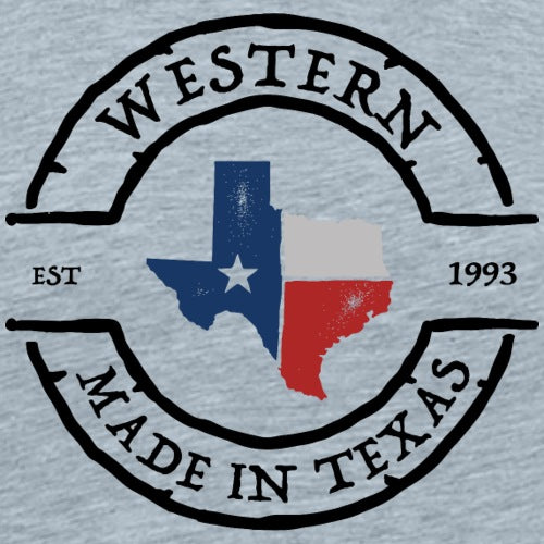 Design with 'Western Made in Texas' text and a map of Texas in blue and red on a light gray background.