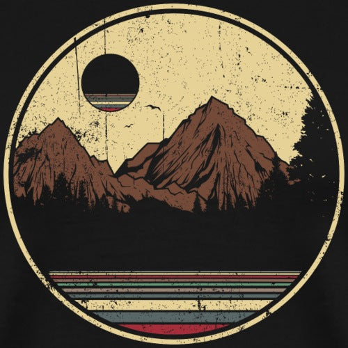 Circular design with mountains, a sun, and colorful stripes on a black background