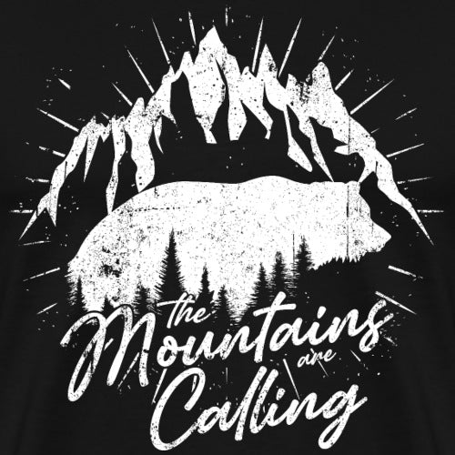 The Mountains Are Calling” graphic with peak imagery.