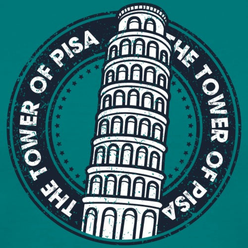 Logo of the Leaning Tower of Pisa with text on a teal background