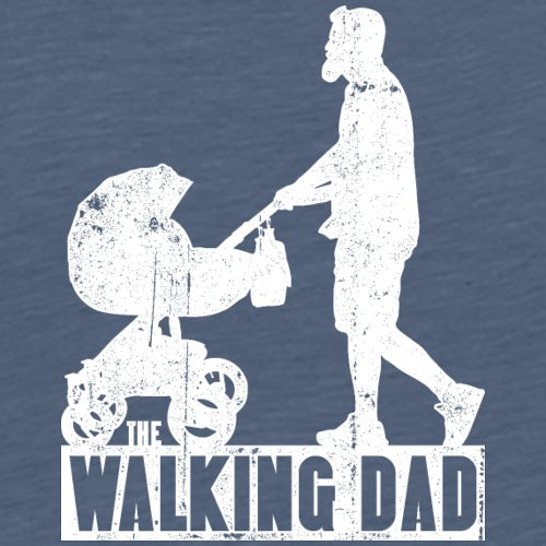 White silhouette of a father with a baby in a stroller on a blue background, with 'The Walking Dad' text.