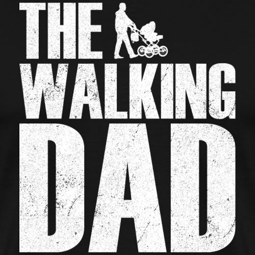 Text 'The Walking Dad' with a graphic of a man pushing a stroller on a black background.