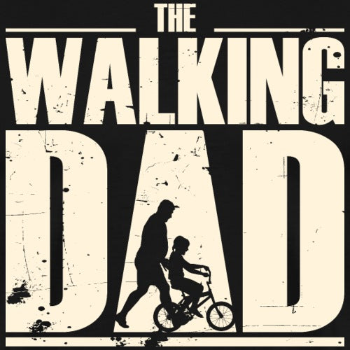 Silhouette of a father and son on a bike with 'The Walking Dad' text.