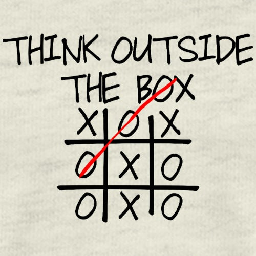 Tic-tac-toe board with 'Think Outside the Box' text on a textured background