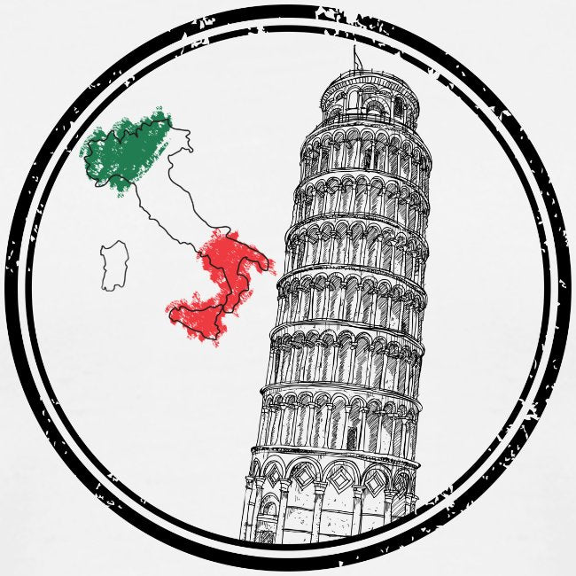 Leaning Tower of Pisa with Italian map outline and flag inside a circular border