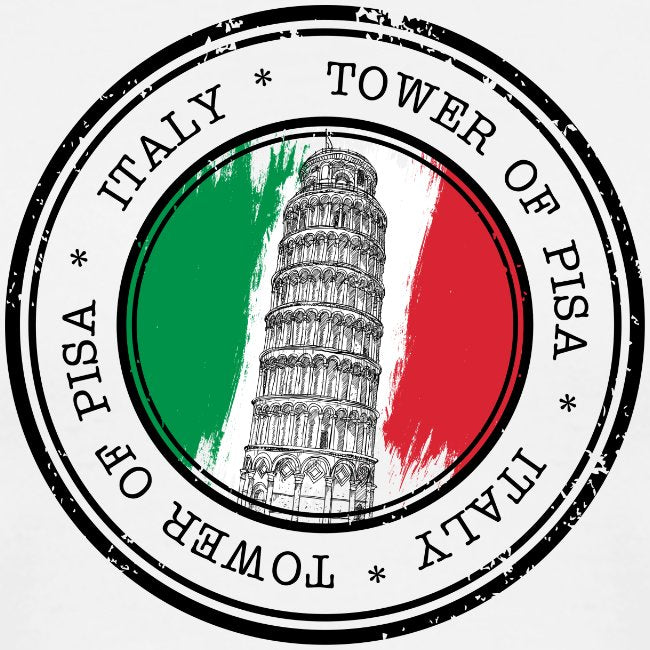 Circular design with Leaning Tower of Pisa illustration inside a green and red circle, surrounded by 'Italy' text.