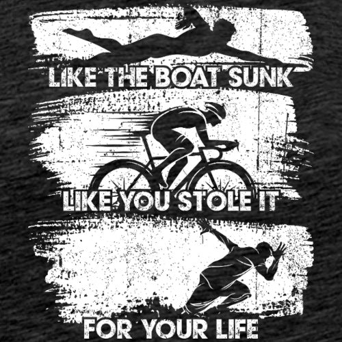 Black and white graphic with swimmer, cyclist, and runner silhouettes and text on a textured background.