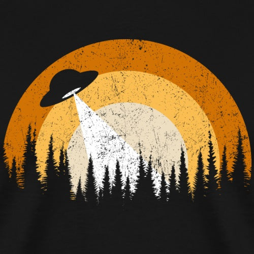 UFO hovering over forest in vintage-style illustration.