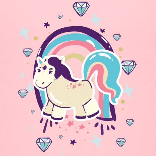 Cartoon unicorn with a rainbow on a pink background with stars and diamonds