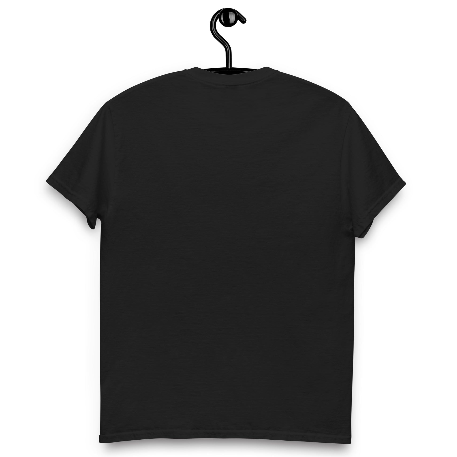 Black t-shirt on a hanger with a white background