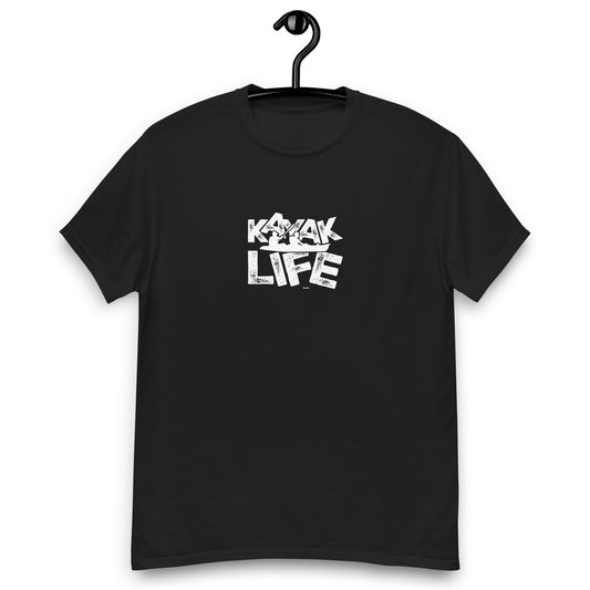 Black t-shirt with 'KAYAK LIFE' text on a hanger against a white background