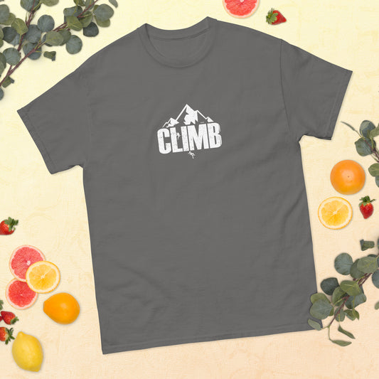 Vintage-style climbing graphic with mountain silhouette and rope detail