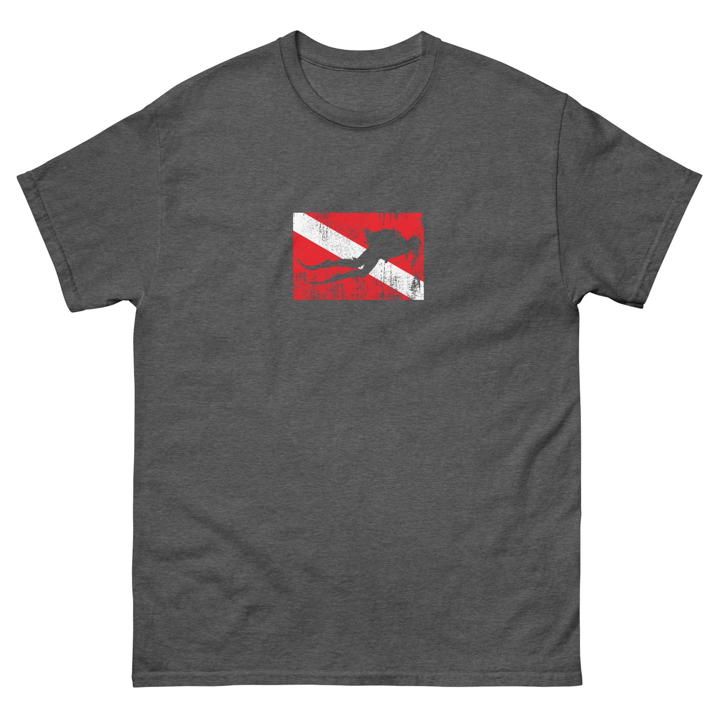 Gray t-shirt with a red and white diving flag design on a white background