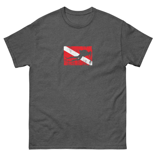 Gray t-shirt with a red and white diving flag design on a white background