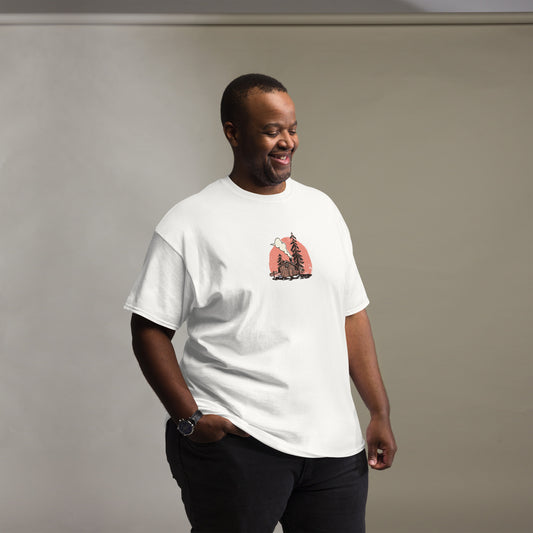 Man wearing a white t-shirt with a graphic design House Forest on a plain background