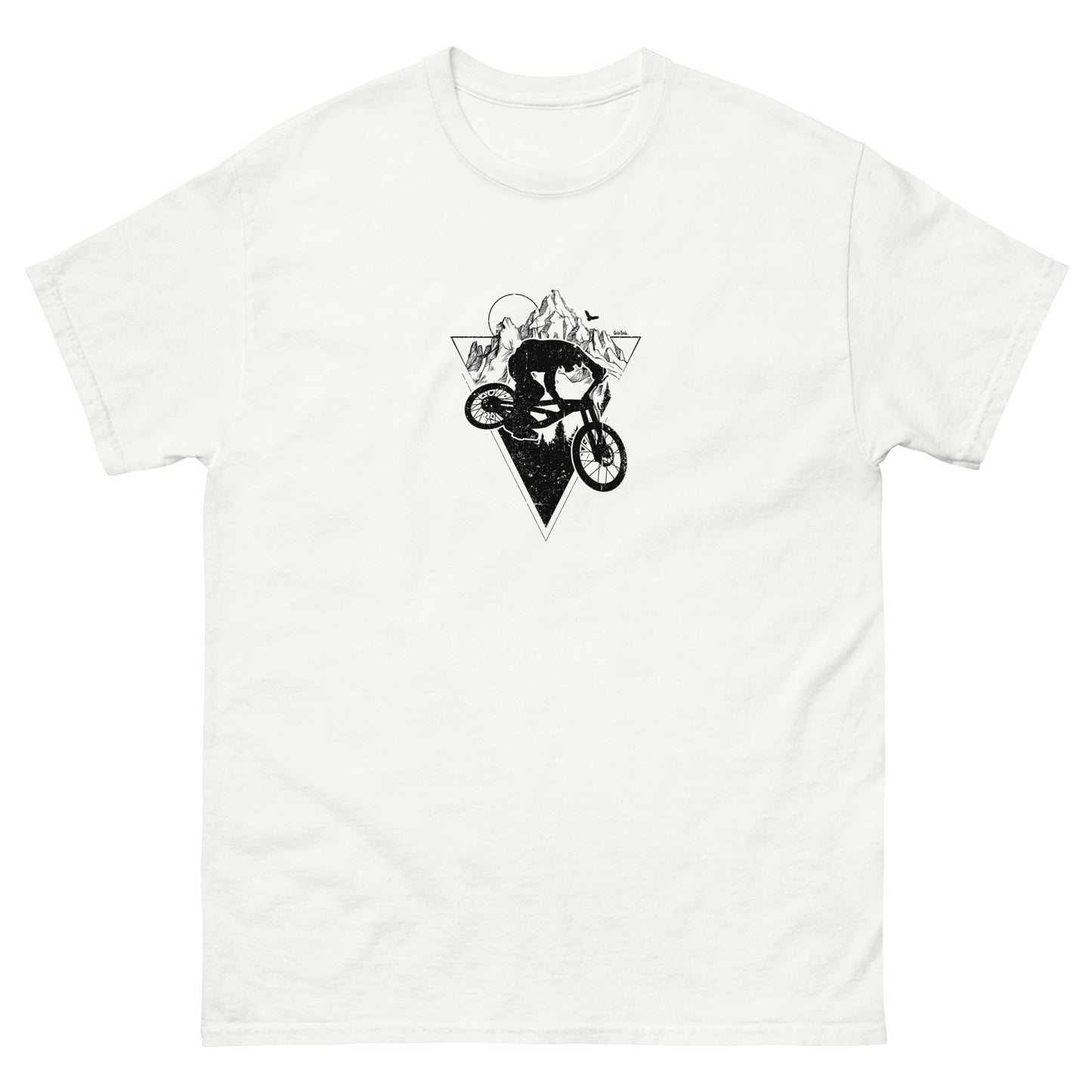 Triangle-shaped mountain silhouette with cyclist icon, minimalist design