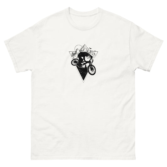 Triangle-shaped mountain silhouette with cyclist icon, minimalist design