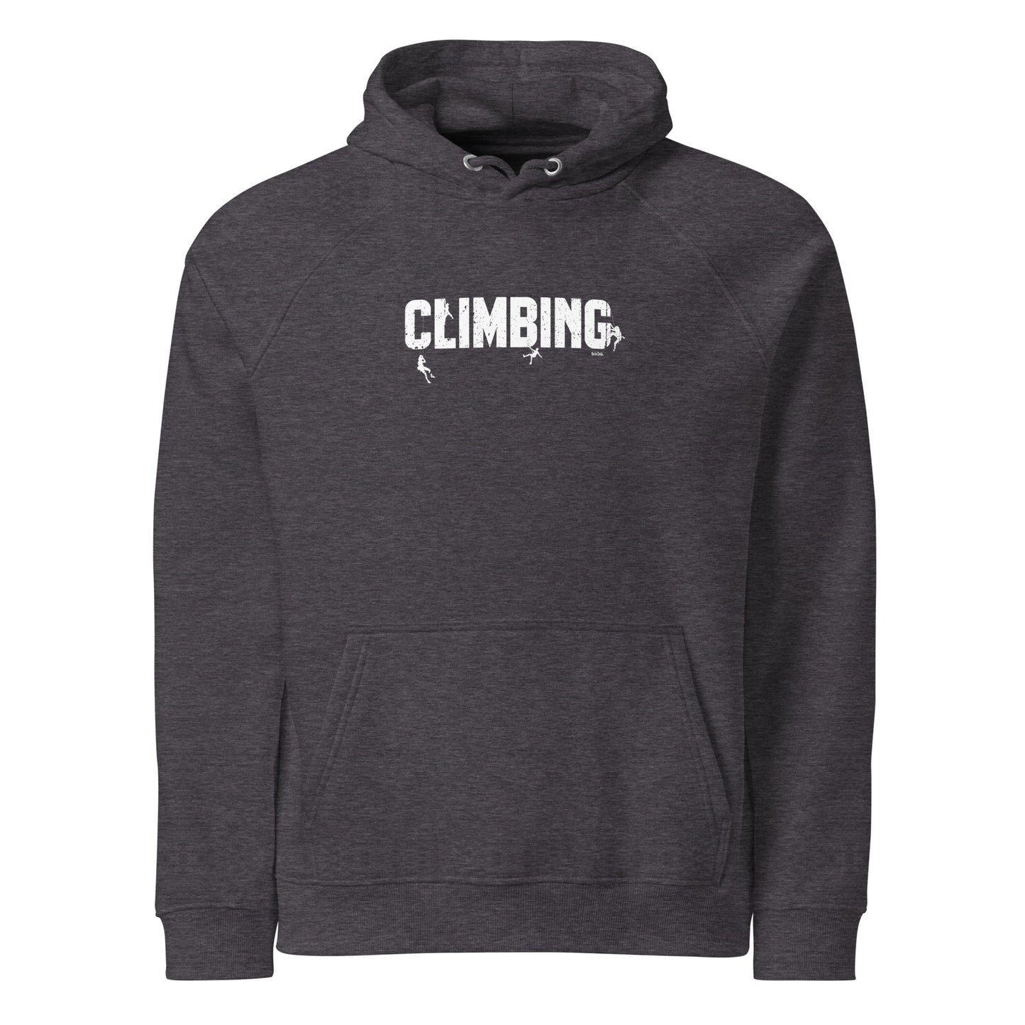 Dark gray hoodie with 'CLIMBING' text on a white background