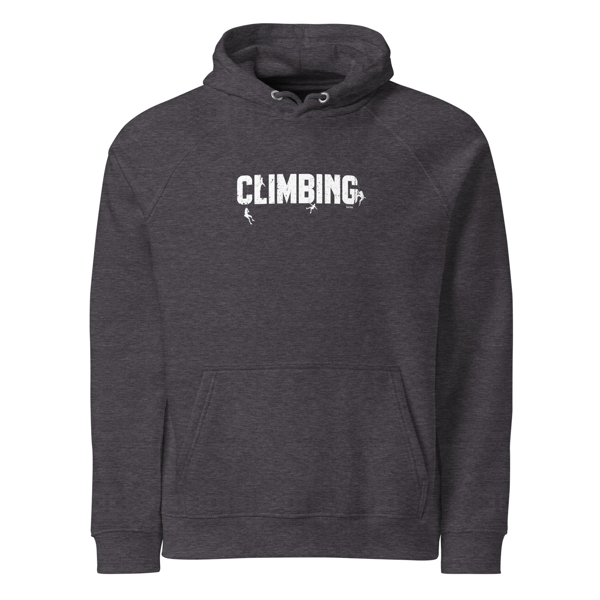 Dark gray hoodie with 'CLIMBING' text on a white background