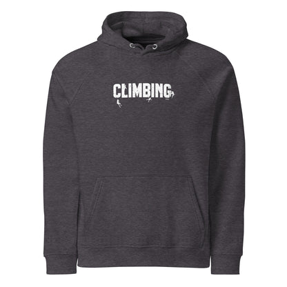 Dark gray hoodie with 'CLIMBING' text on a white background
