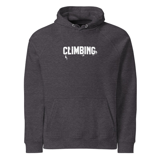 Dark gray hoodie with 'CLIMBING' text on a white background