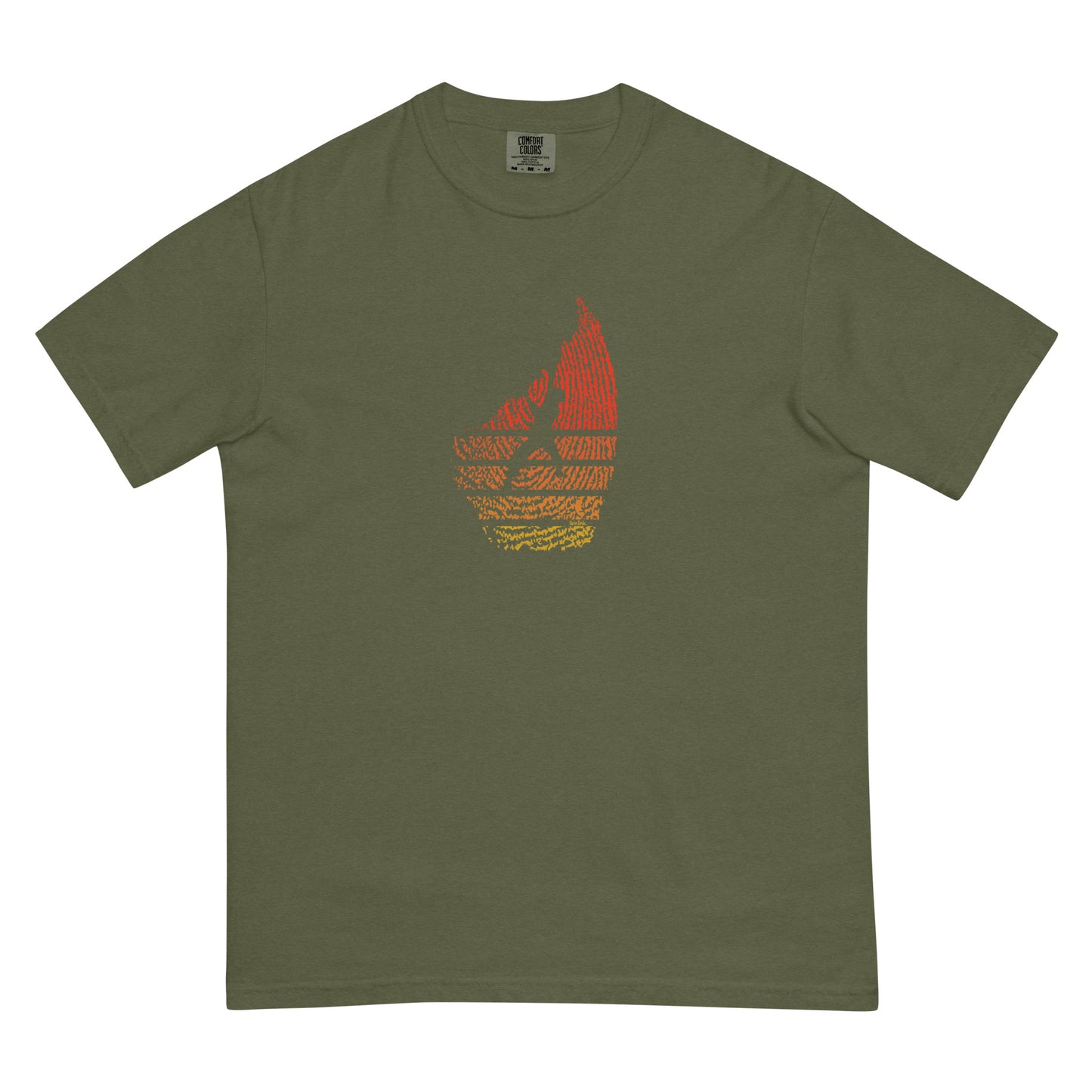 Green t-shirt with climbing fingerprint graphic design on white background
