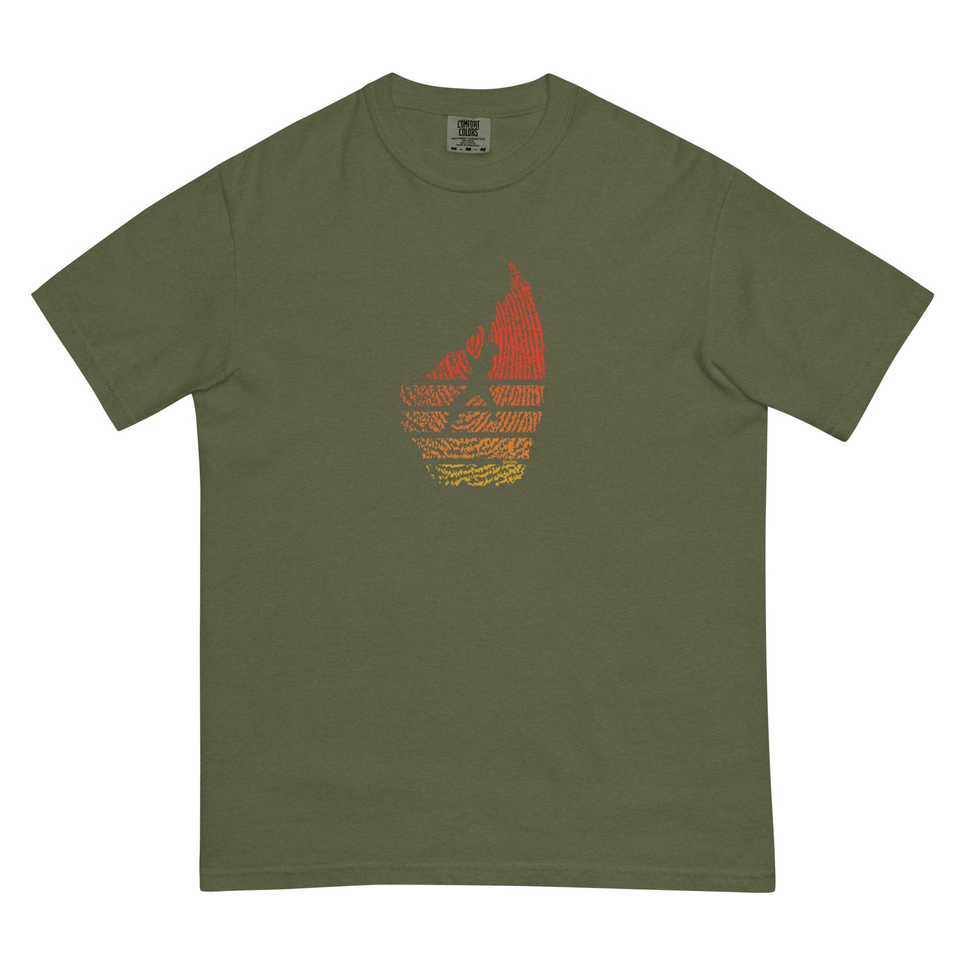Green t-shirt with climbing fingerprint graphic design on white background