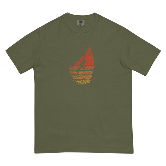Green t-shirt with climbing fingerprint graphic design on white background