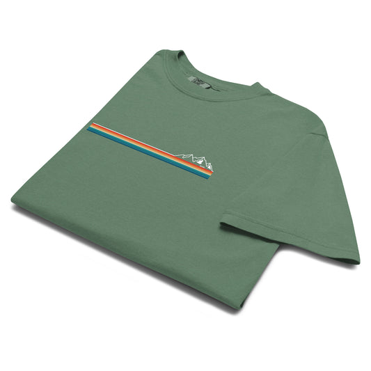 Green t-shirt with a mountain design on a white background
