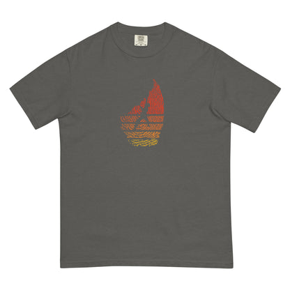 Grey t-shirt with climbing fingerprint graphic design on white background