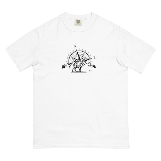 White t-shirt with a black compass design on a white background