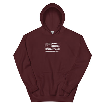 Maroon hoodie with American flag design and diver silhouette on white background