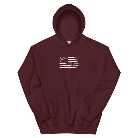 Maroon hoodie with American flag design and diver silhouette on white background