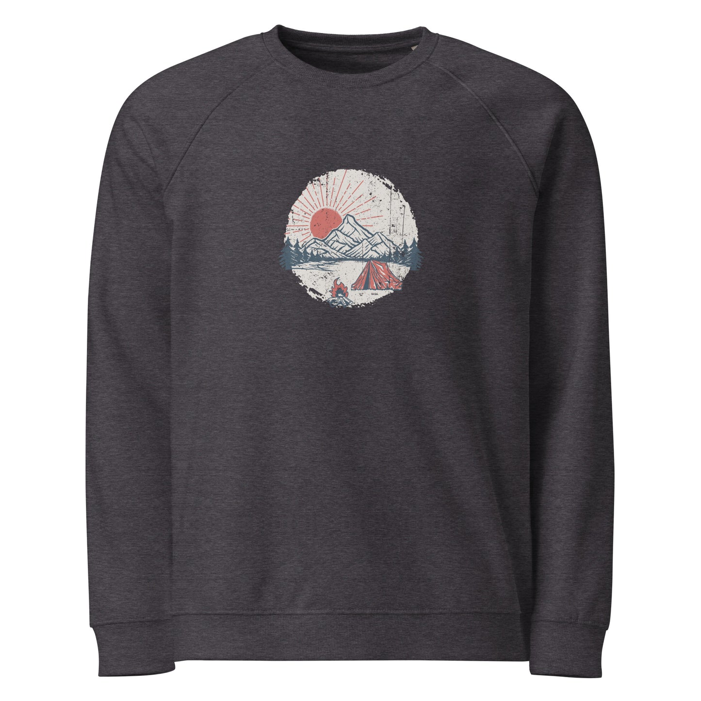Unisex organic raglan sweatshirt featuring a nature-inspired camping graphic, designed for trail lovers and eco-conscious adventurers. Soft brushed fleece lining for cozy outdoor comfort.