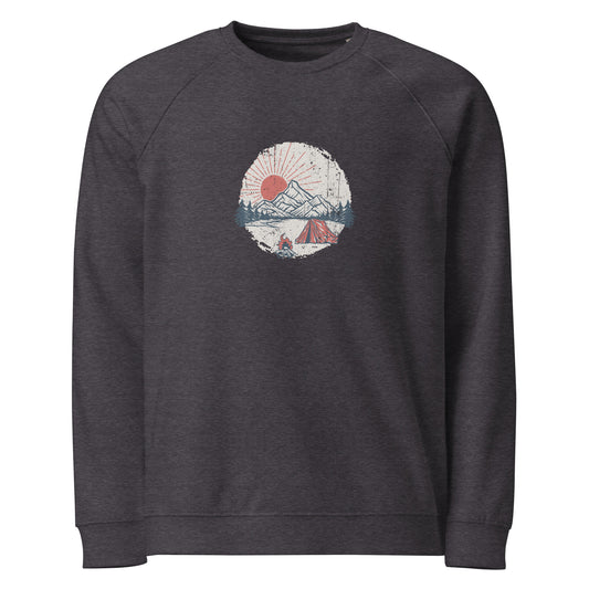 Unisex organic raglan sweatshirt featuring a nature-inspired camping graphic, designed for trail lovers and eco-conscious adventurers. Soft brushed fleece lining for cozy outdoor comfort.