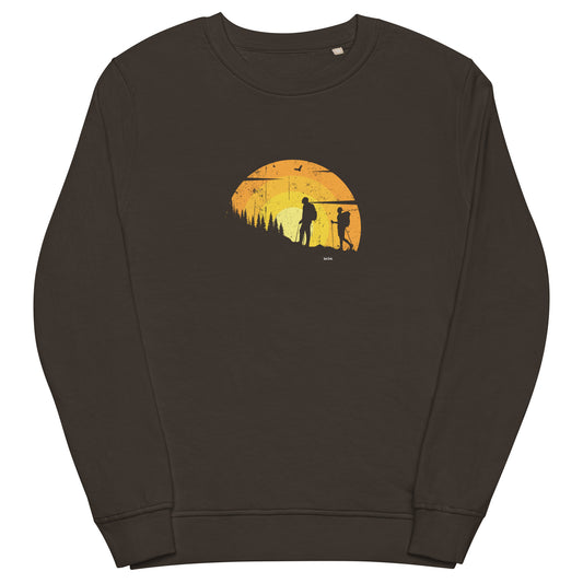 Black sweatshirt with a sunset design featuring two people and birds on a white background