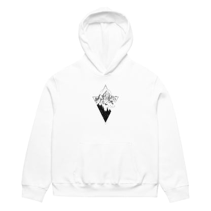 White hoodie with a black mountain graphic on a white background