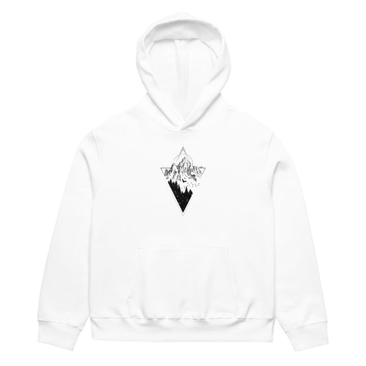 White hoodie with a black mountain graphic on a white background